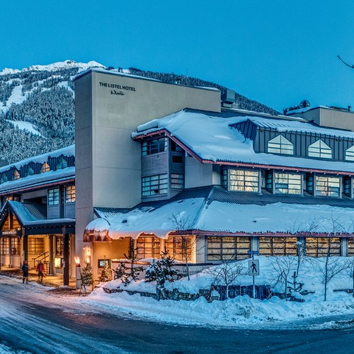 The Listel Hotel, snowy exterior, ski accommodation in Canada