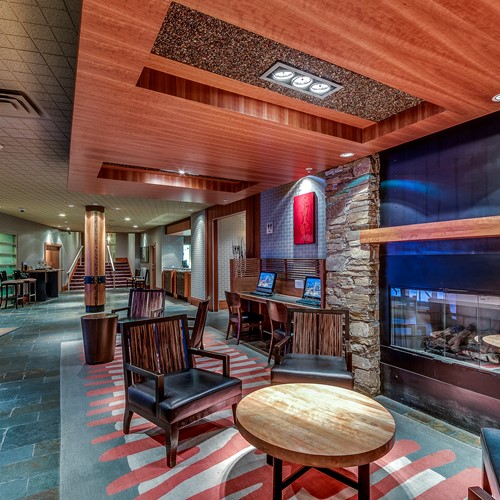 The Listel Hotel, lobby with fireplace, ski accommodation in Canada
