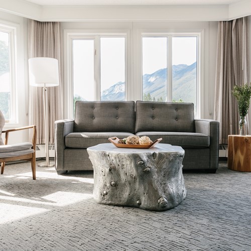 Elk + Avenue Hotel, contemporary ski hotel in Banff - living area with sofa