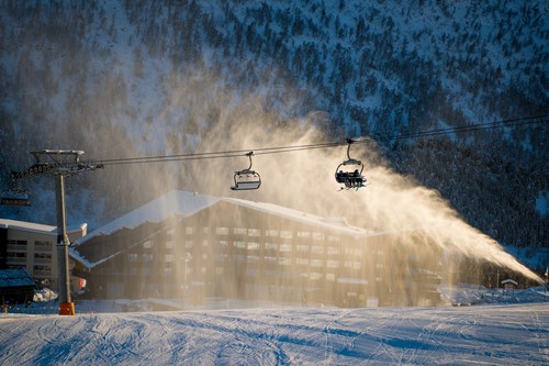 snow cannons and chairlift over Myrkdalen, ski holiday in Norway