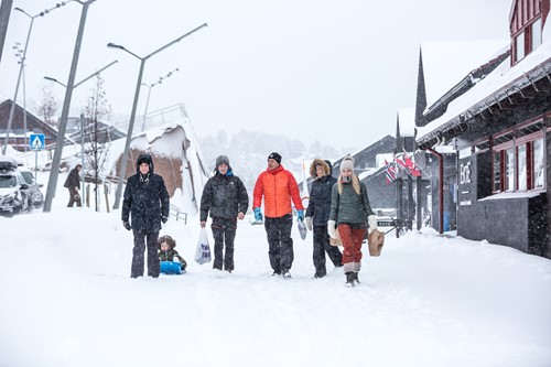 walking through Geilo ski resort, Norway with children