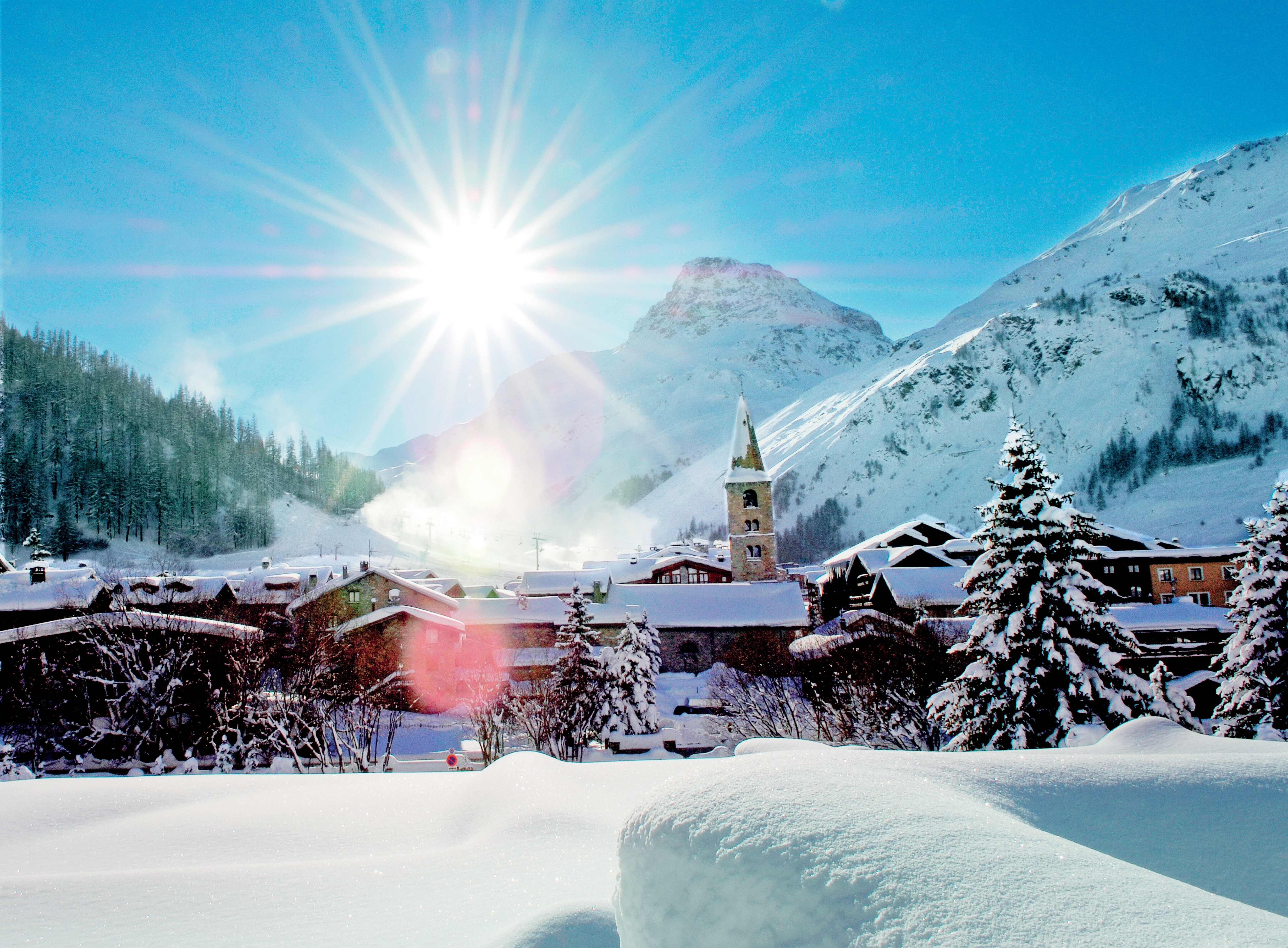 Val d'Isere-France-snow covered village and blue sky