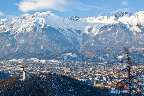 innsbruck in winter town view and mountains