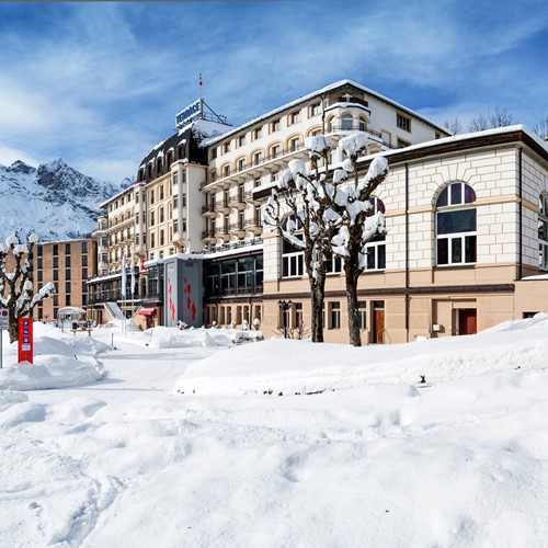 Hotel Terrace in Engelberg, Switzerland - hotel exterior in the snow