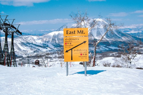 Rusutsu piste sign to East Mountain, Snowboarding in Japan