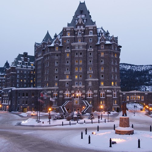 Fairmont Banff Springs, ski hotel in Canada - snowy exterior in mountains