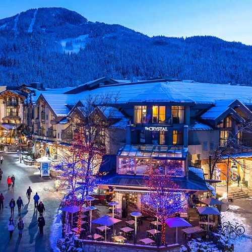 Crystal Lodge, ski accommodation in Whistler. exterior view of hotel & town