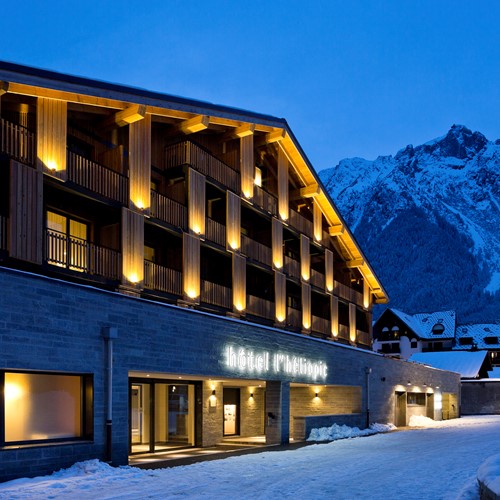 Hotel Heliopic-Chamonix ski resort-hotel exterior lit up at night