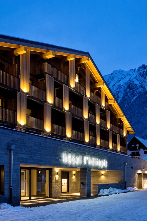 Hotel Heliopic-Chamonix ski resort-hotel exterior lit up at night
