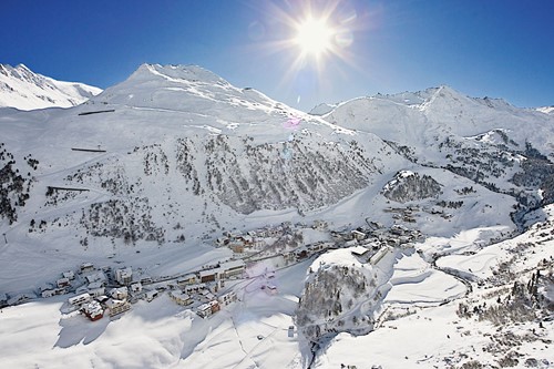 Aerial view of Obergurgl ski resort in Austria, family friendly skiing