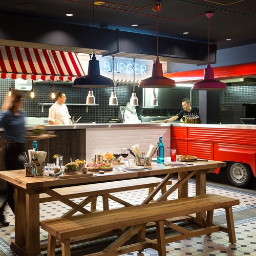 Food area at the Rocky Pop Hotel in the Ski Resort of Charmonix