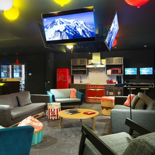 The lobby of the Rocky Pop Hotel Chamonix. Relaxed chill out area.