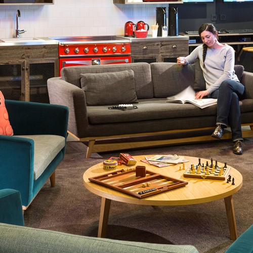 Relaxing in the Lobby of the Rocky Pop Hotel in Chamonix, France