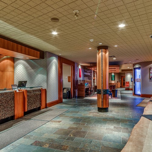 The Listel Hotel, lobby with reception, ski accommodation in Canada