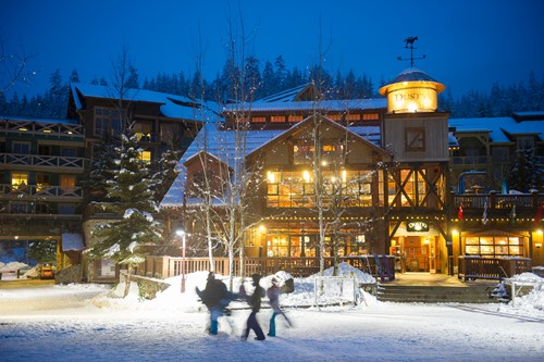 Dusty's creekside Whistler exterior in snow