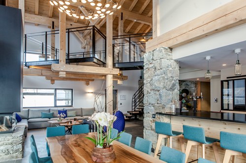 Lounge and dining area in chalet des cascades, les arcs