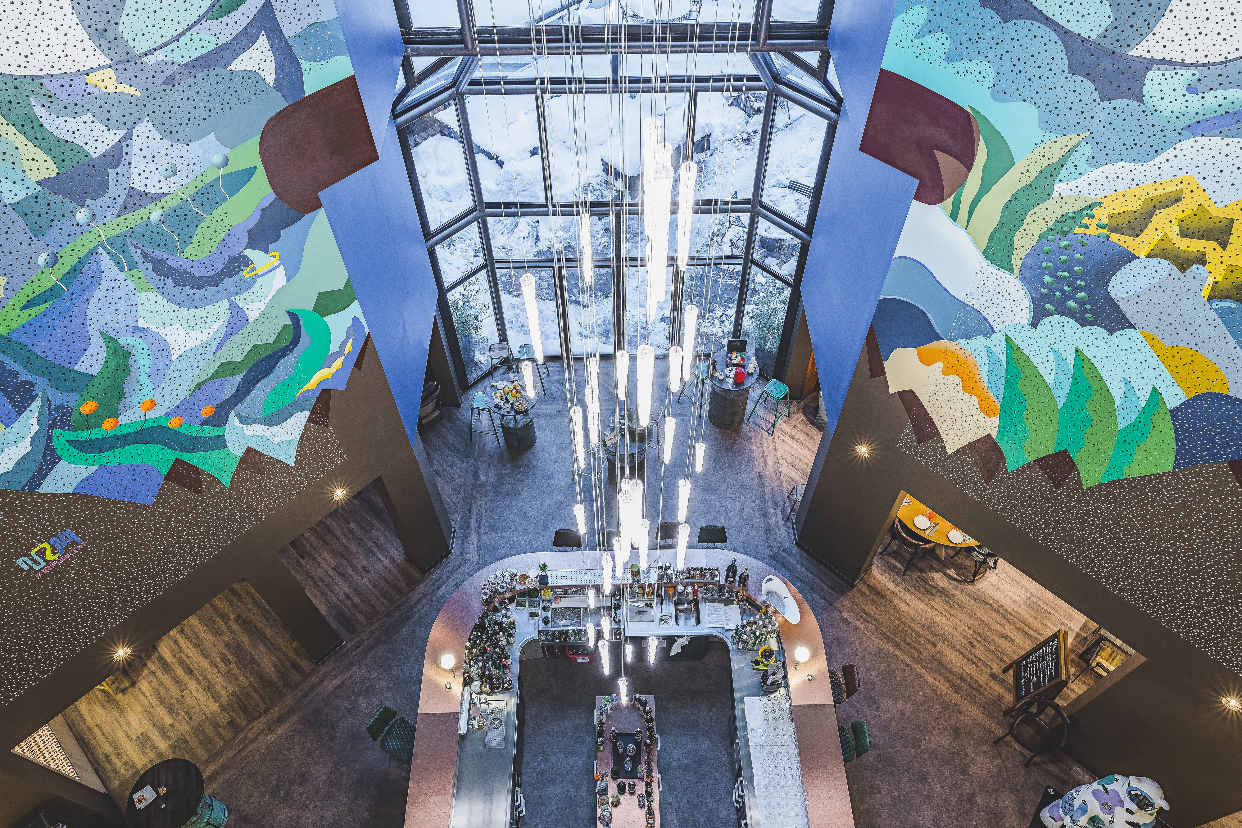 bar area from above at Refuge des Aiglons in Chamonix