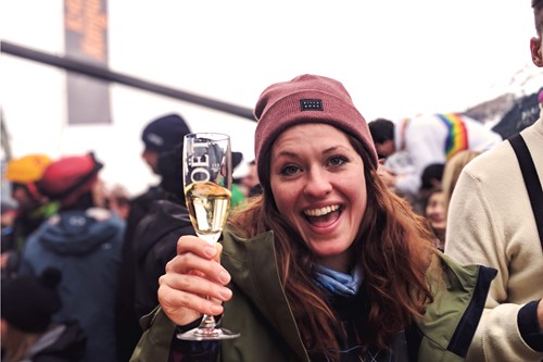 drinking moet on the ski slopes, Austria