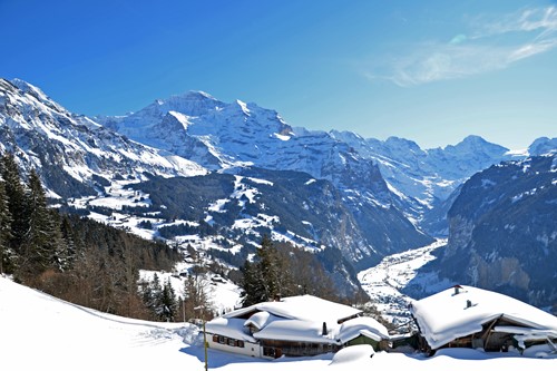 Wengen ski village halfway up the mountain near Zurich