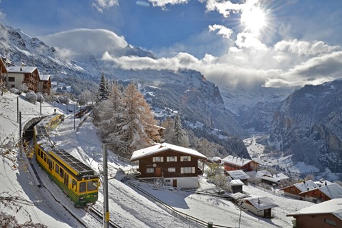 snow train in Wengen ski resort, Switzerland. Easy family skiing